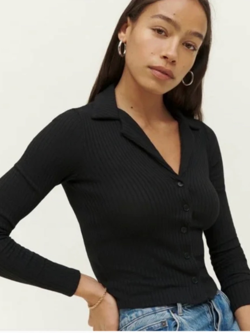 Reformation Irina Ribbed Button Front Top – Black – XS